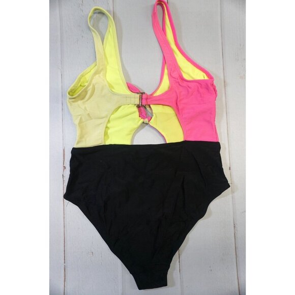 No Boundaries Juniors' Neon Colorblock One-Piece Swimsuit - Size M (7/9) - Picture 6 of 8